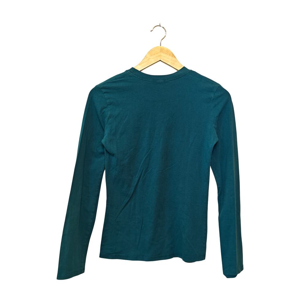 Bebe Teal Rhinestone Logo Long Sleeve Tee Y2K Stretch Top Size L - Picture 3 of 5